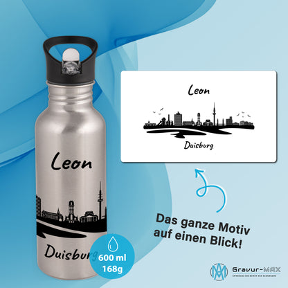 Trinkflasche in Silber 600ml aus Edelstahl bedruckt mit der Skyline von Duisburg personalisierbar mit Wunschname