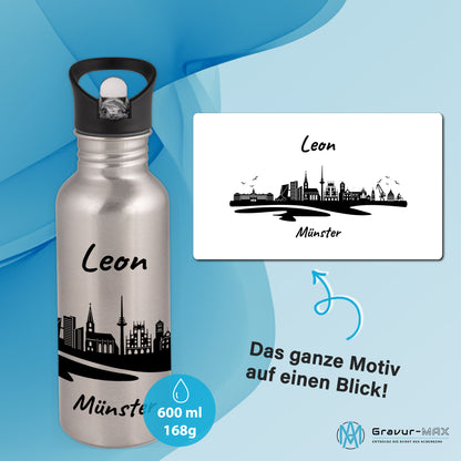 Trinkflasche in Silber 600ml aus Edelstahl bedruckt mit der Skyline von München personalisierbar mit Wunschname