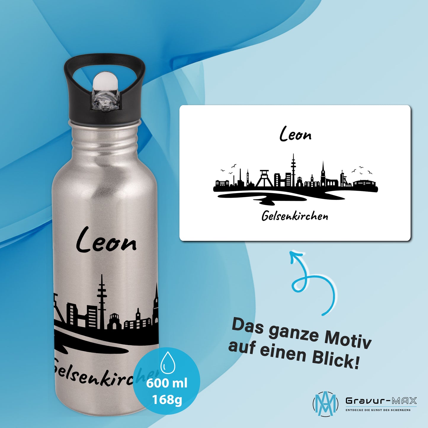 Trinkflasche in Silber 600ml aus Edelstahl bedruckt mit der Skyline von Gelsenkirchen personalisierbar mit Wunschname