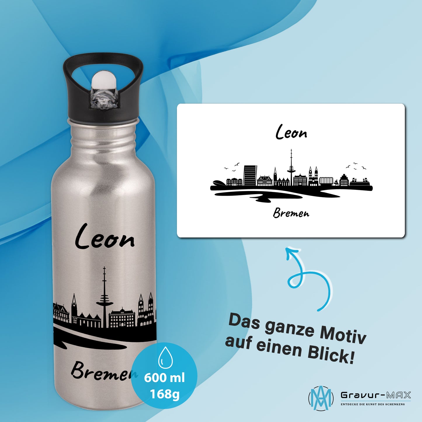 Trinkflasche in Silber 600ml aus Edelstahl bedruckt mit der Skyline von Bremen personalisierbar mit Wunschname