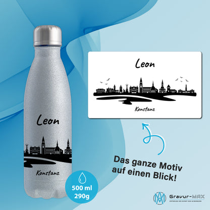 Glitzer Trinkflasche in Silber 500ml aus Edelstahl bedruckt mit der Skyline von Konstanz personalisierbar mit Wunschname