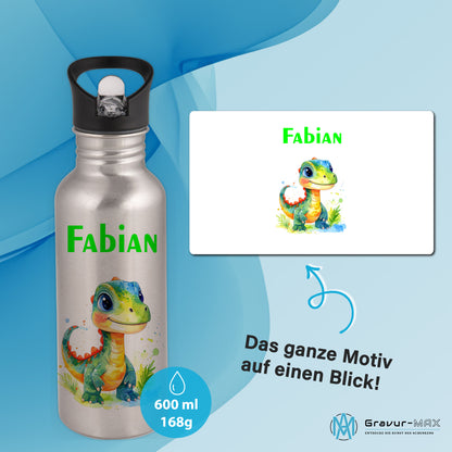 Trinkflasche mit Strohhalm in Silber 600ml bedruckt mit tollen Motiven für Kinder "Dino Kinder" personalisierbar für Kinder mit Wunschname aus Edelstahl
