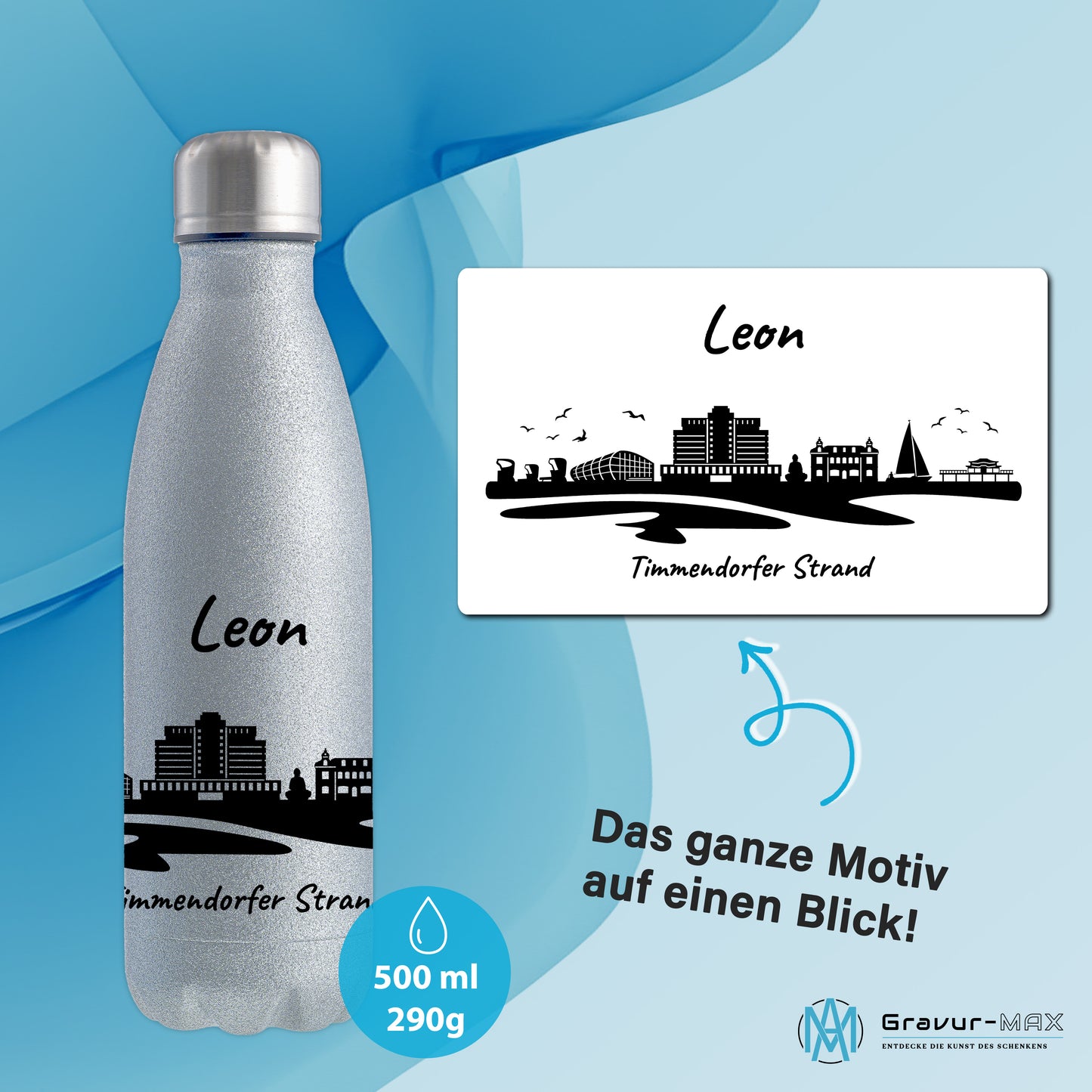 Glitzer Trinkflasche in Silber 500ml aus Edelstahl bedruckt mit der Skyline von Timmendorfer Strand personalisierbar mit Wunschname