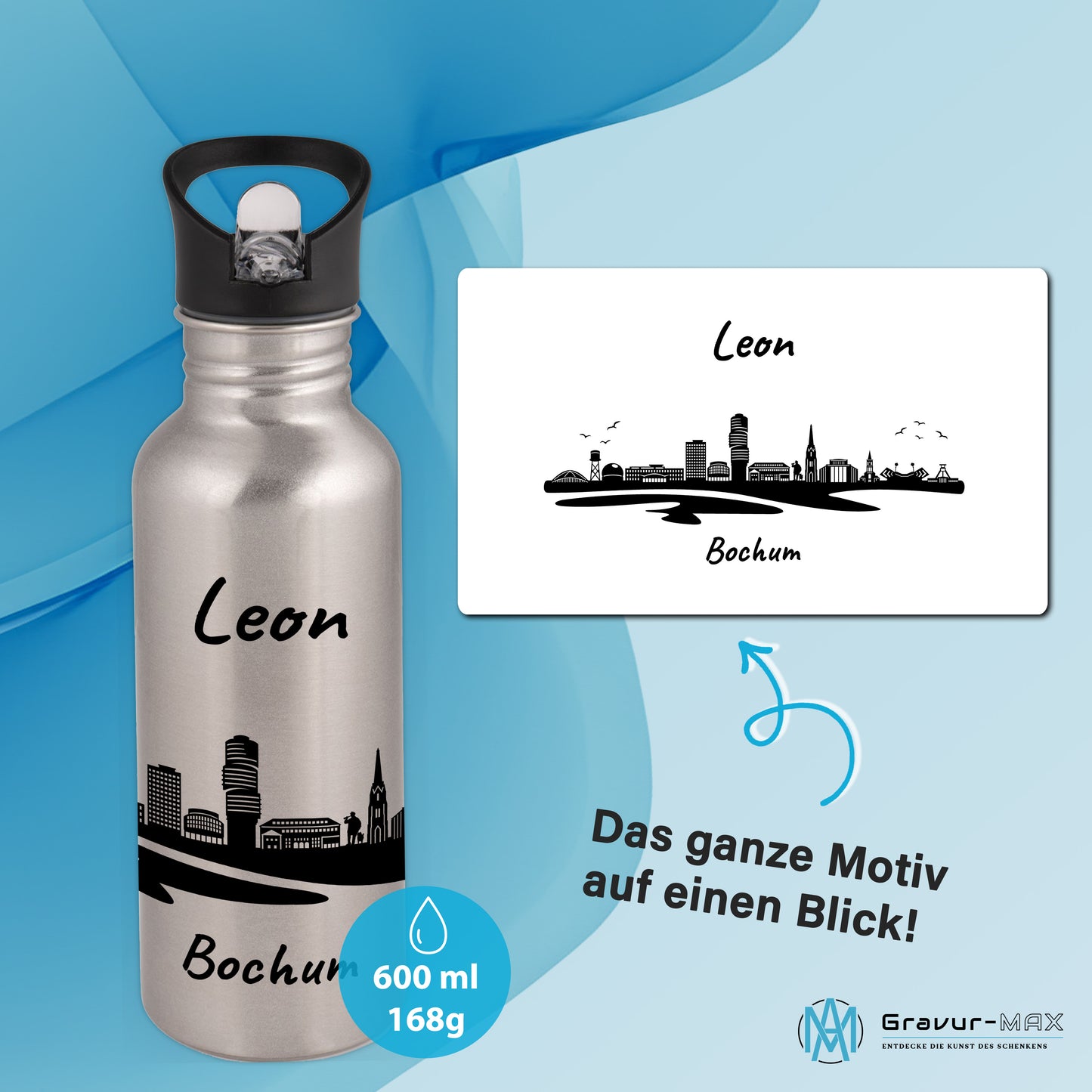 Trinkflasche in Silber 600ml aus Edelstahl bedruckt mit der Skyline von Bochum personalisierbar mit Wunschname