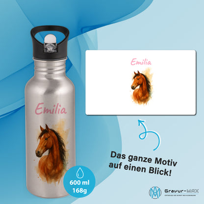 Trinkflasche mit Strohhalm in Silber 600ml bedruckt mit tollen Motiven für Kinder "Pferd" personalisierbar für Kinder mit Wunschname aus Edelstahl