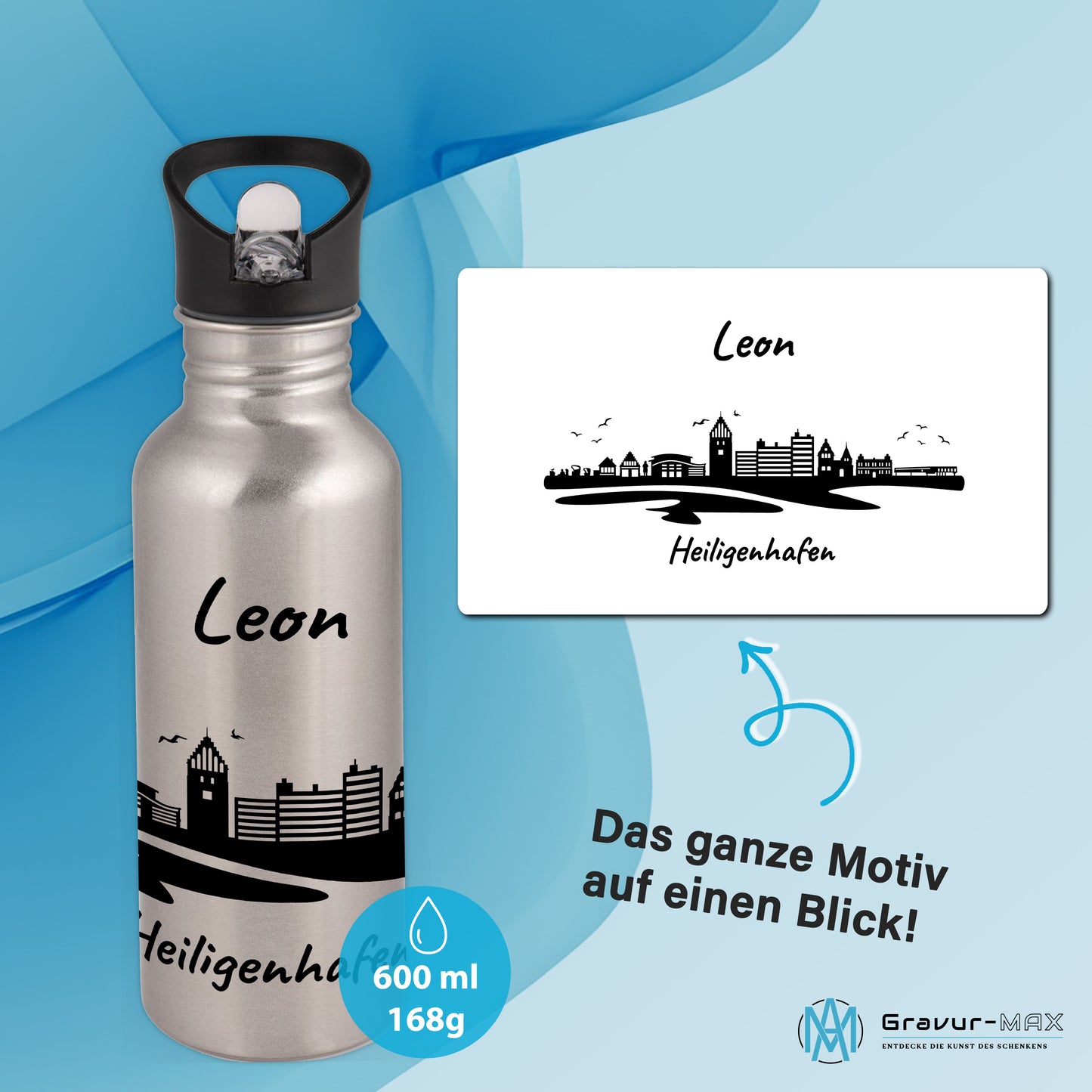 Trinkflasche in Silber 600ml aus Edelstahl bedruckt mit der Skyline von Heiligenhafen personalisierbar mit Wunschname