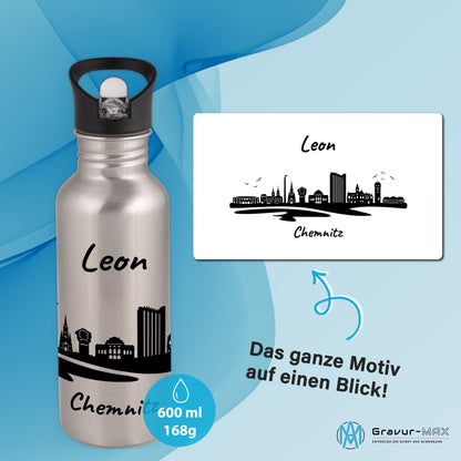 Trinkflasche in Silber 600ml aus Edelstahl bedruckt mit der Skyline von Chemnitz personalisierbar mit Wunschname