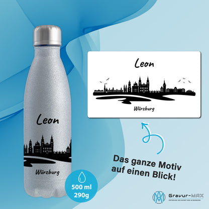 Glitzer Trinkflasche in Silber 500ml aus Edelstahl bedruckt mit der Skyline von Würzburg personalisierbar mit Wunschname