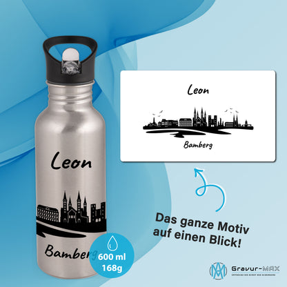 Trinkflasche in Silber 600ml aus Edelstahl bedruckt mit der Skyline von Bamberg personalisierbar mit Wunschname