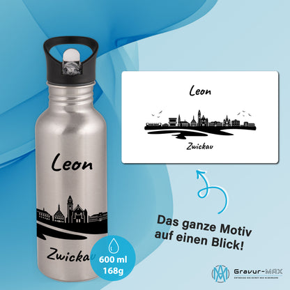 Trinkflasche in Silber 600ml aus Edelstahl bedruckt mit der Skyline von Zwickau personalisierbar mit Wunschname
