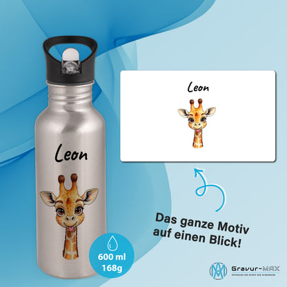 Trinkflasche mit Strohhalm in Silber 600ml bedruckt mit niedlichen Tieren"Giraffe" personalisierbar für Kinder mit Wunschname aus Edelstahl
