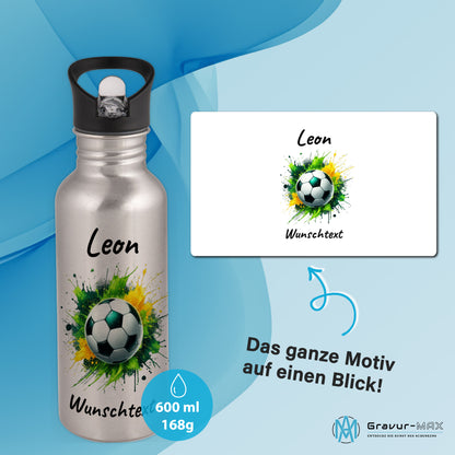 Trinkflasche mit Strohhalm in Silber 600ml bedruckt mit Fußball Motiven"Motiv11" personalisierbar für Kinder mit Wunschname aus Edelstahl