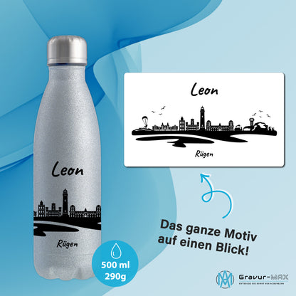 Glitzer Trinkflasche in Silber 500ml aus Edelstahl bedruckt mit der Skyline von Rügen personalisierbar mit Wunschname