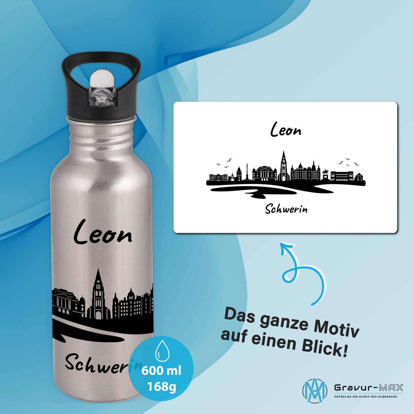 Trinkflasche in Silber 600ml aus Edelstahl bedruckt mit der Skyline von Schwerin personalisierbar mit Wunschname