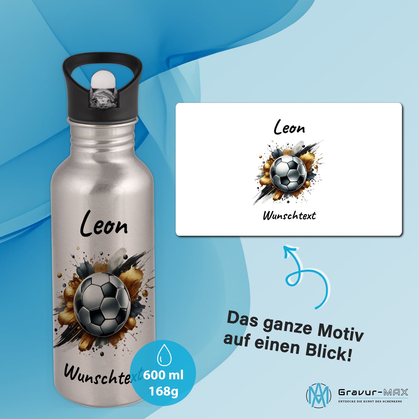 Trinkflasche mit Strohhalm in Silber 600ml bedruckt mit Fußball Motiven"Motiv13" personalisierbar für Kinder mit Wunschname aus Edelstahl