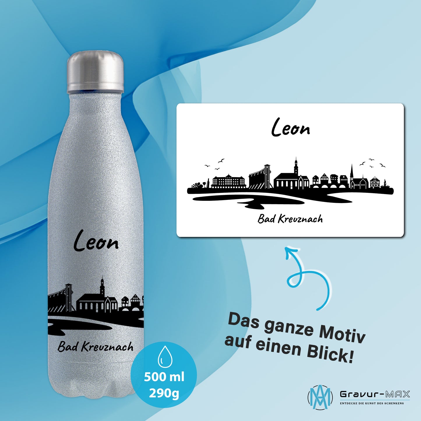 Glitzer Trinkflasche in Silber 500ml aus Edelstahl bedruckt mit der Skyline von Bad Kreuznach personalisierbar mit Wunschname