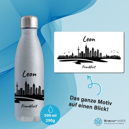 Glitzer Trinkflasche in Silber 500ml aus Edelstahl bedruckt mit der Skyline von Frankfurt personalisierbar mit Wunschname