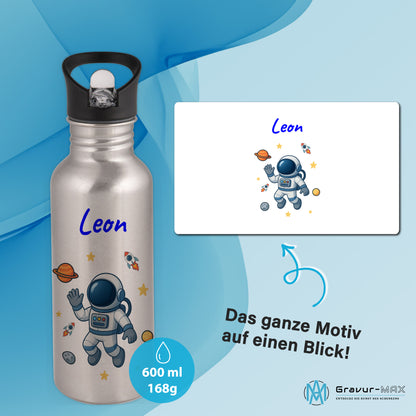 Trinkflasche mit Strohhalm in Silber 600ml bedruckt mit tollen Motiven für Kinder "Astronaut" personalisierbar für Kinder mit Wunschname aus Edelstahl