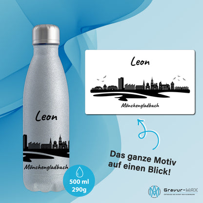 Glitzer Trinkflasche in Silber 500ml aus Edelstahl bedruckt mit der Skyline von Mönchengladbach personalisierbar mit Wunschname