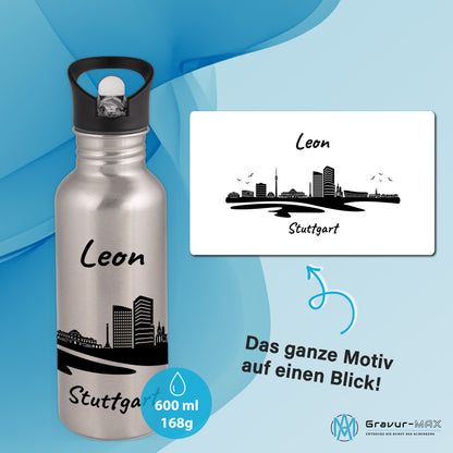 Trinkflasche in Silber 600ml aus Edelstahl bedruckt mit der Skyline von Stuttgart personalisierbar mit Wunschname