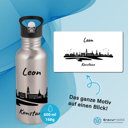 Trinkflasche in Silber 600ml aus Edelstahl bedruckt mit der Skyline von Konstanz personalisierbar mit Wunschname