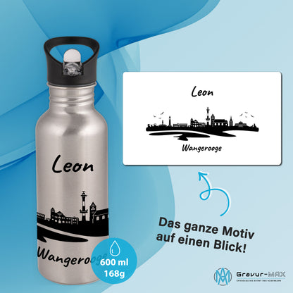 Trinkflasche in Silber 600ml aus Edelstahl bedruckt mit der Skyline von Wangerooge personalisierbar mit Wunschname