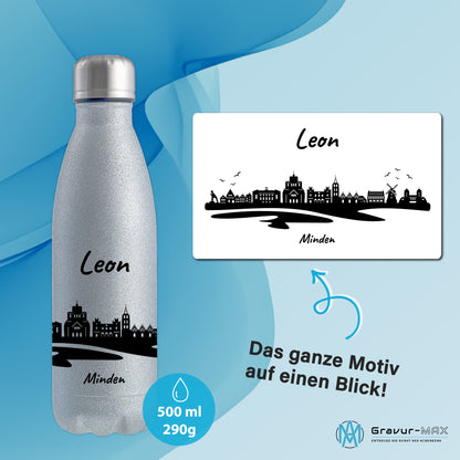 Glitzer Trinkflasche in Silber 500ml aus Edelstahl bedruckt mit der Skyline von Minden personalisierbar mit Wunschname