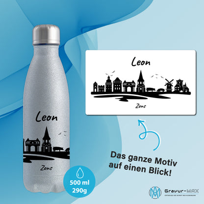 Glitzer Trinkflasche in Silber 500ml aus Edelstahl bedruckt mit der Skyline von Zons (Dormagen) personalisierbar mit Wunschname