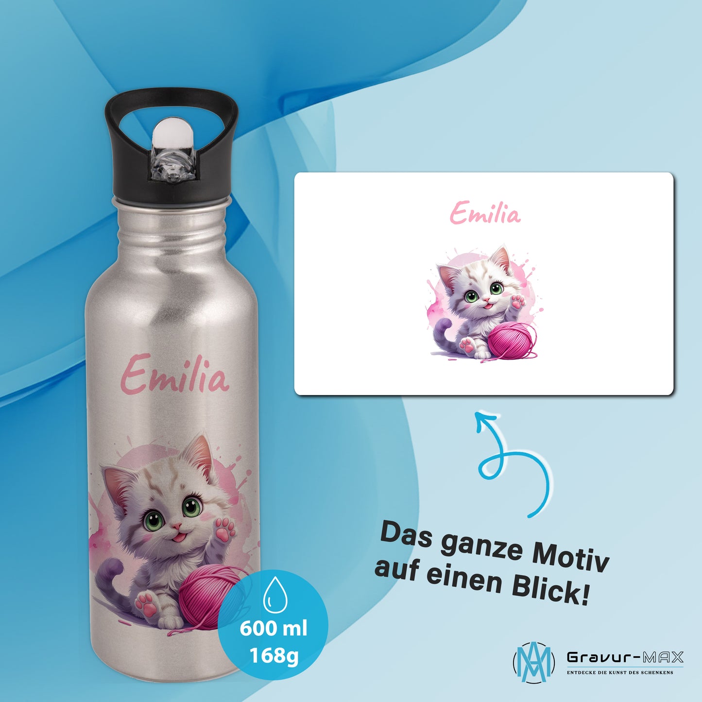 Trinkflasche mit Strohhalm in Silber 600ml bedruckt mit niedlichen Tieren"Katze" personalisierbar für Kinder mit Wunschname aus Edelstahl