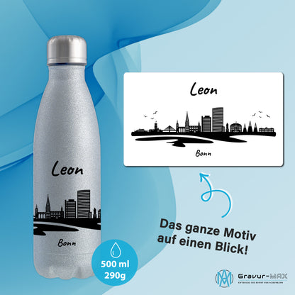 Glitzer Trinkflasche in Silber 500ml aus Edelstahl bedruckt mit der Skyline von Bonn personalisierbar mit Wunschname