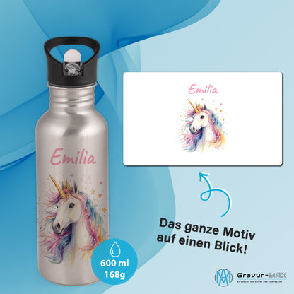 Trinkflasche mit Strohhalm in Silber 600ml bedruckt mit tollen Motiven für Kinder "Einhorn" personalisierbar für Kinder mit Wunschname aus Edelstahl