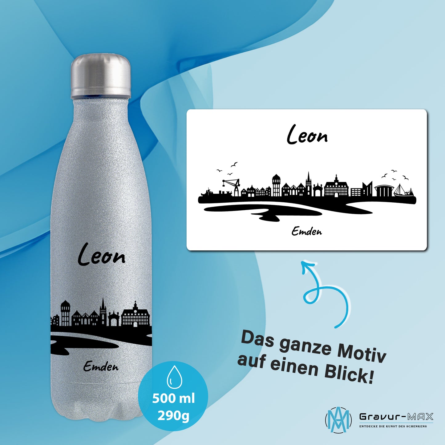 Glitzer Trinkflasche in Silber 500ml aus Edelstahl bedruckt mit der Skyline von Emden personalisierbar mit Wunschname
