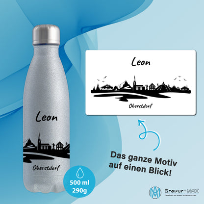 Glitzer Trinkflasche in Silber 500ml aus Edelstahl bedruckt mit der Skyline von Oberstdorf personalisierbar mit Wunschname