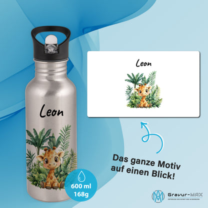 Trinkflasche mit Strohhalm in Silber 600ml bedruckt mit Dschungel Tieren"Giraffe" personalisierbar für Kinder mit Wunschname aus Edelstahl