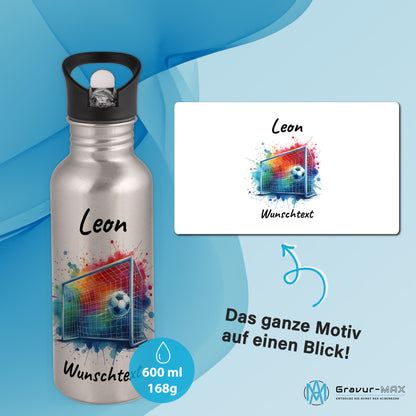 Trinkflasche mit Strohhalm in Silber 600ml bedruckt mit Fußball Motiven"Motiv5" personalisierbar für Kinder mit Wunschname aus Edelstahl