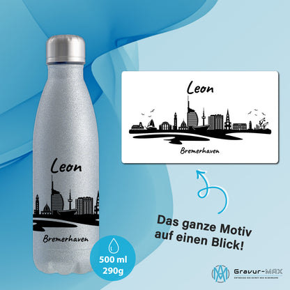 Glitzer Trinkflasche in Silber 500ml aus Edelstahl bedruckt mit der Skyline von Bremerhaven personalisierbar mit Wunschname