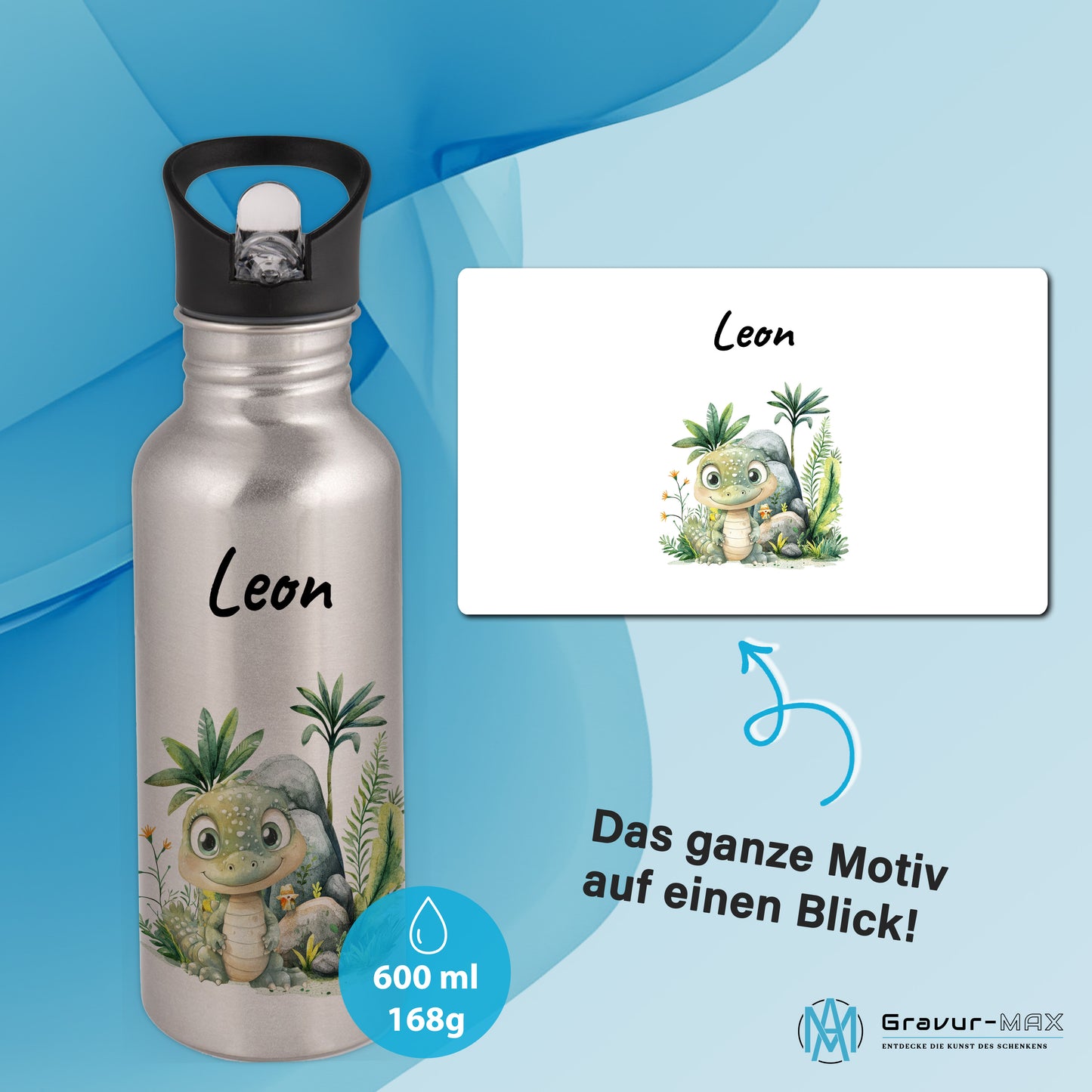 Trinkflasche mit Strohhalm in Silber 600ml bedruckt mit Dschungel Tieren"Krokodil" personalisierbar für Kinder mit Wunschname aus Edelstahl