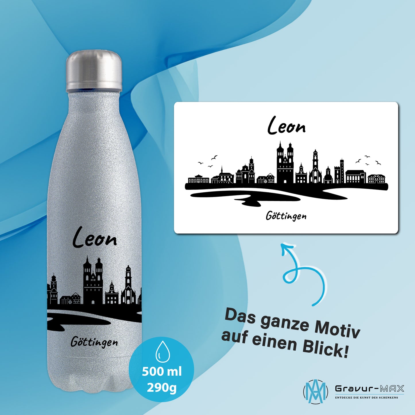 Glitzer Trinkflasche in Silber 500ml aus Edelstahl bedruckt mit der Skyline von Göttingen personalisierbar mit Wunschname