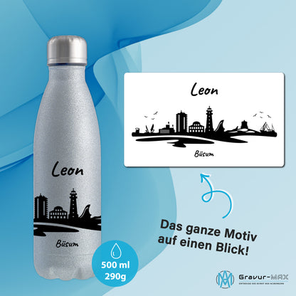 Glitzer Trinkflasche in Silber 500ml aus Edelstahl bedruckt mit der Skyline von Büsum personalisierbar mit Wunschname