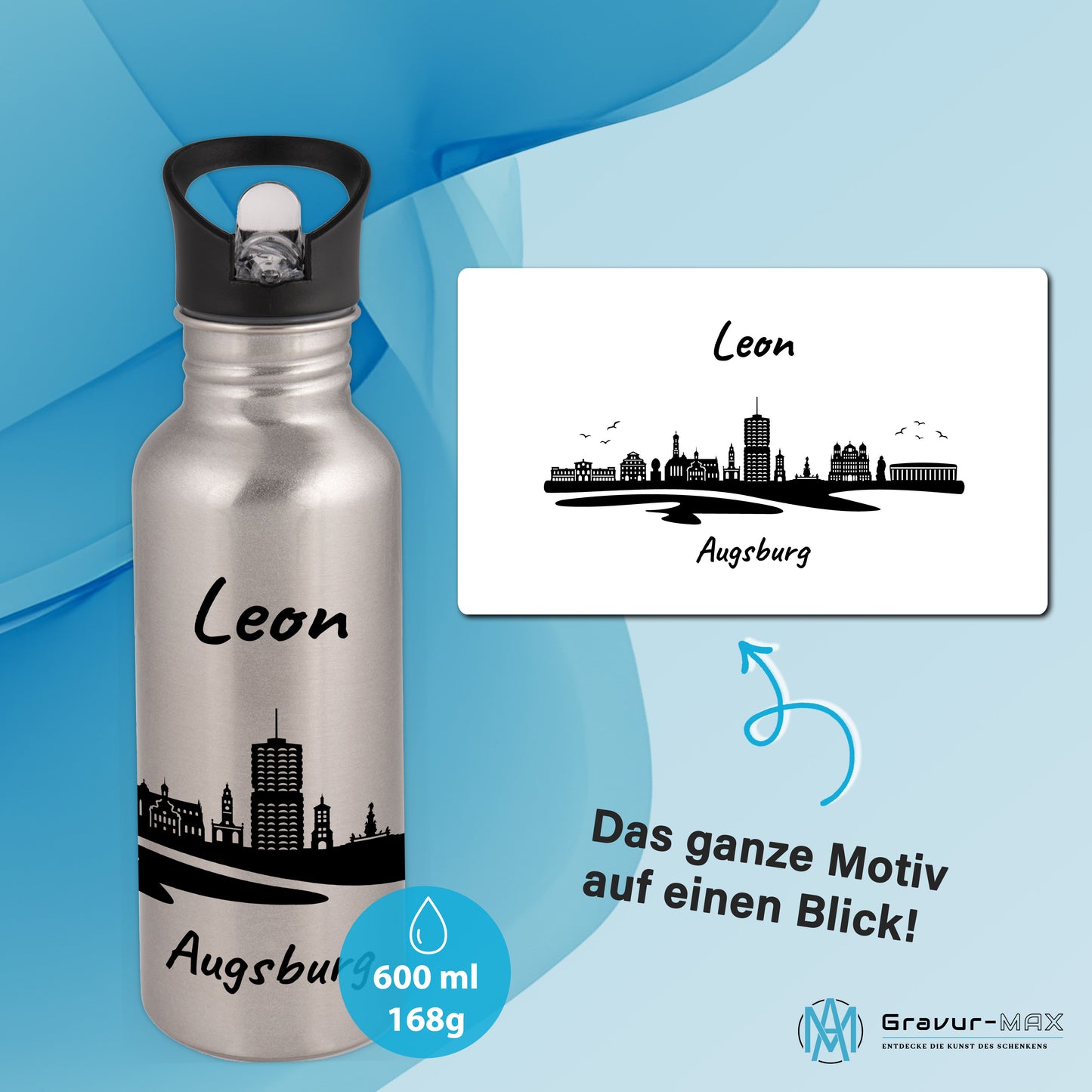 Trinkflasche in Silber 600ml aus Edelstahl bedruckt mit der Skyline von Augsburg personalisierbar mit Wunschname