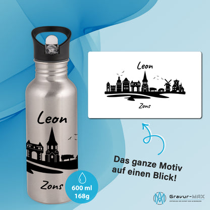 Trinkflasche in Silber 600ml aus Edelstahl bedruckt mit der Skyline von Zons (Dormagen) personalisierbar mit Wunschname