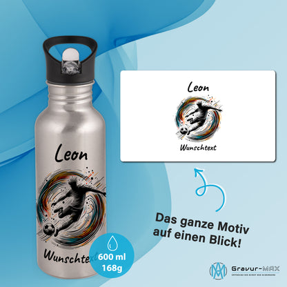 Trinkflasche mit Strohhalm in Silber 600ml bedruckt mit Fußball Motiven"Motiv1" personalisierbar für Kinder mit Wunschname aus Edelstahl