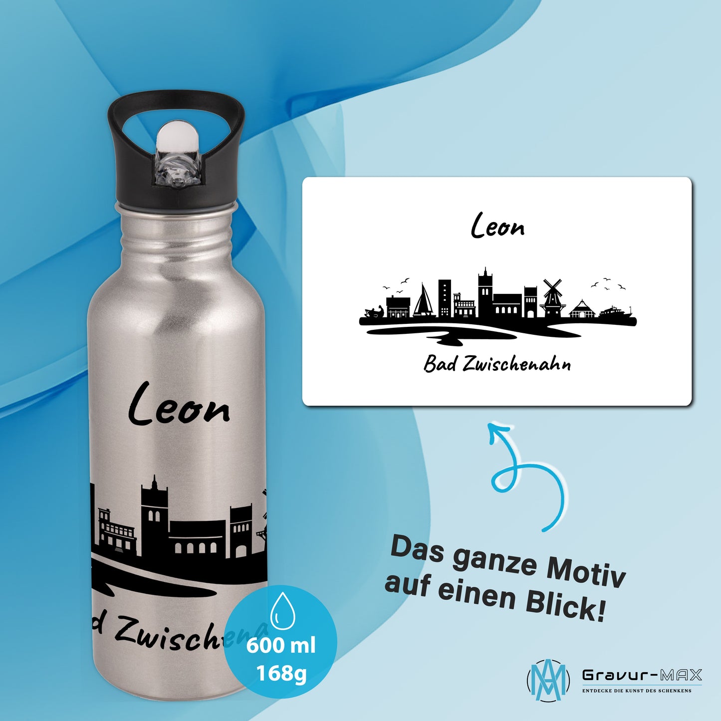 Trinkflasche in Silber 600ml aus Edelstahl bedruckt mit der Skyline von Bad Zwischenahn personalisierbar mit Wunschname
