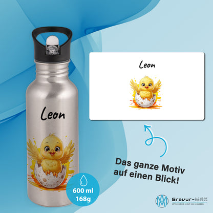 Trinkflasche mit Strohhalm in Silber 600ml bedruckt mit niedlichen Tieren"Küken" personalisierbar für Kinder mit Wunschname aus Edelstahl