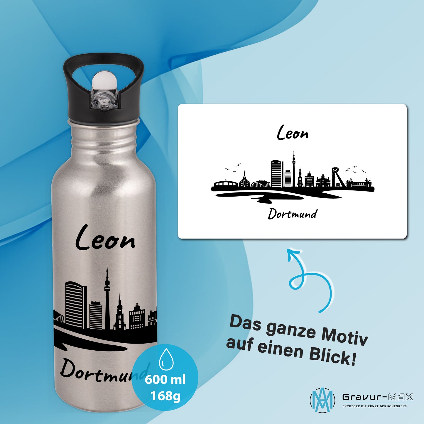 Trinkflasche in Silber 600ml aus Edelstahl bedruckt mit der Skyline von Dortmund personalisierbar mit Wunschname