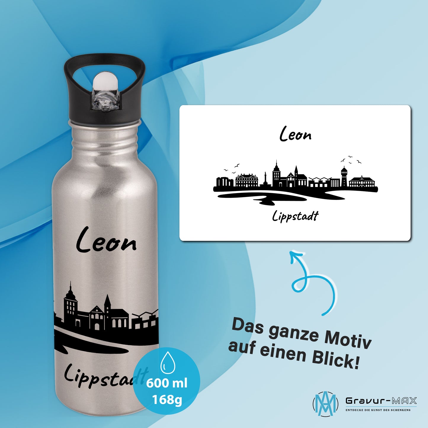 Trinkflasche in Silber 600ml aus Edelstahl bedruckt mit der Skyline von Lippstadt personalisierbar mit Wunschname