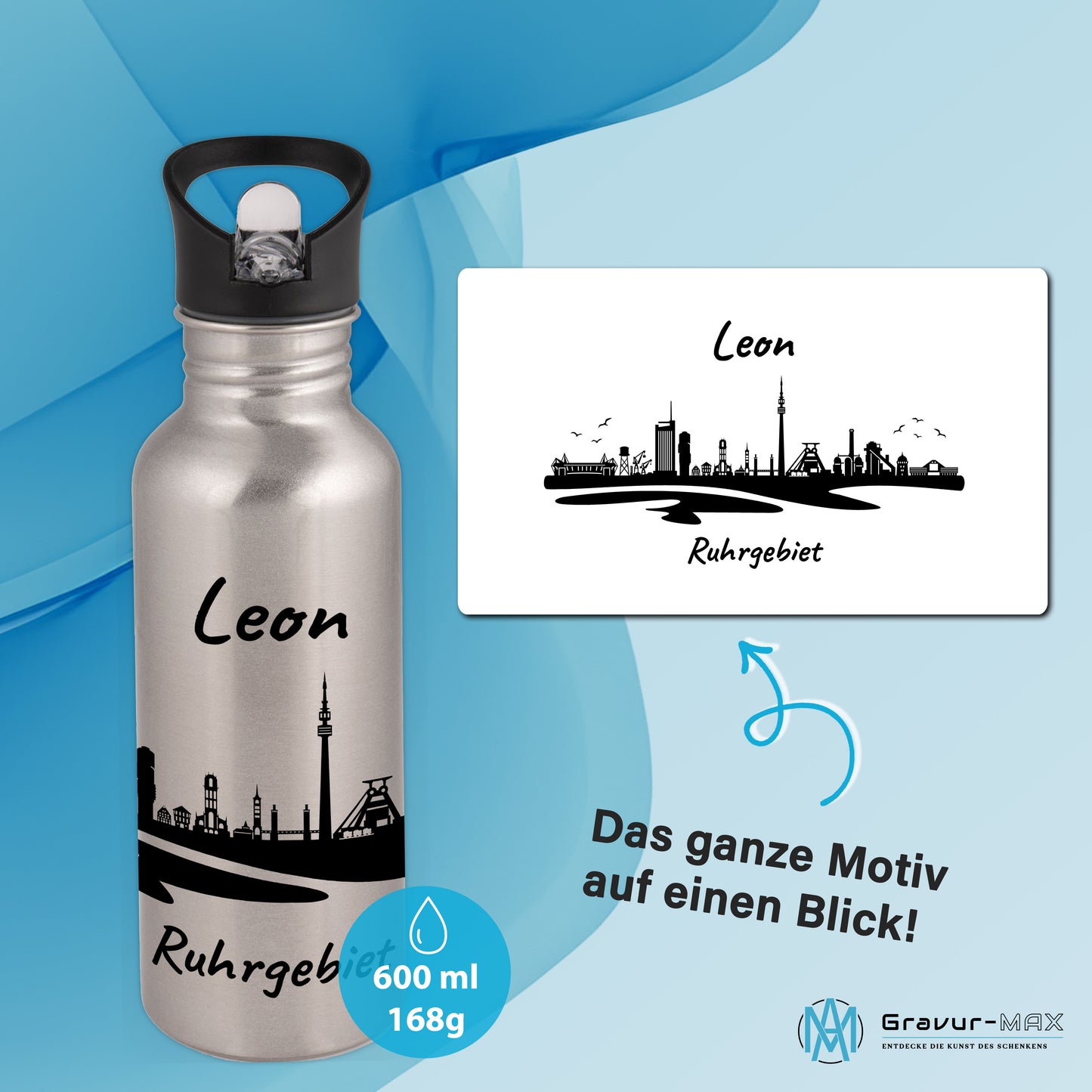 Trinkflasche in Silber 600ml aus Edelstahl bedruckt mit der Skyline von Ruhrgebiet personalisierbar mit Wunschname