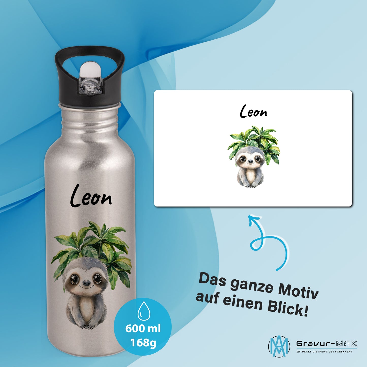 Trinkflasche mit Strohhalm in Silber 600ml bedruckt mit Dschungel Tieren"Faultier" personalisierbar für Kinder mit Wunschname aus Edelstahl