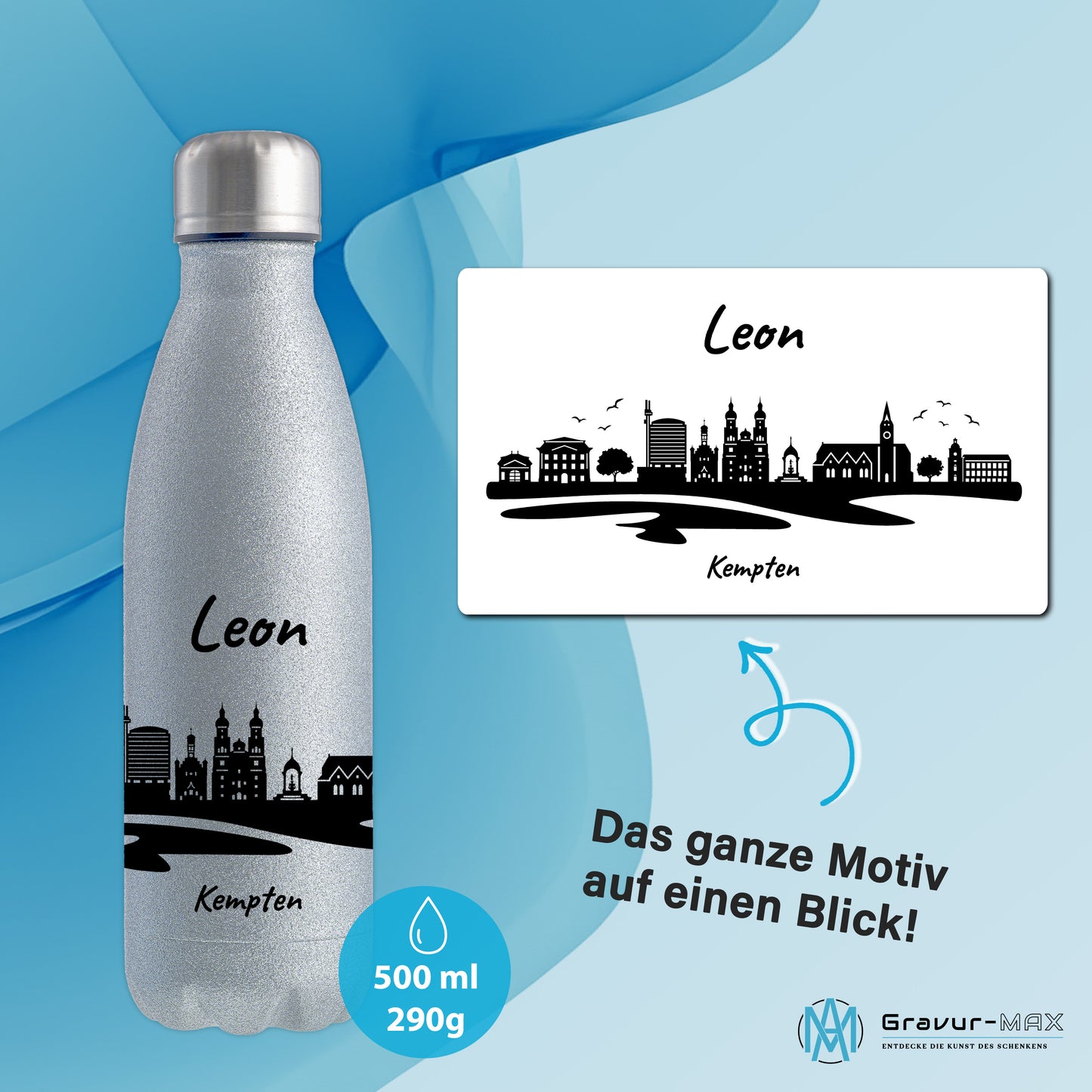 Glitzer Trinkflasche in Silber 500ml aus Edelstahl bedruckt mit der Skyline von Kempten personalisierbar mit Wunschname