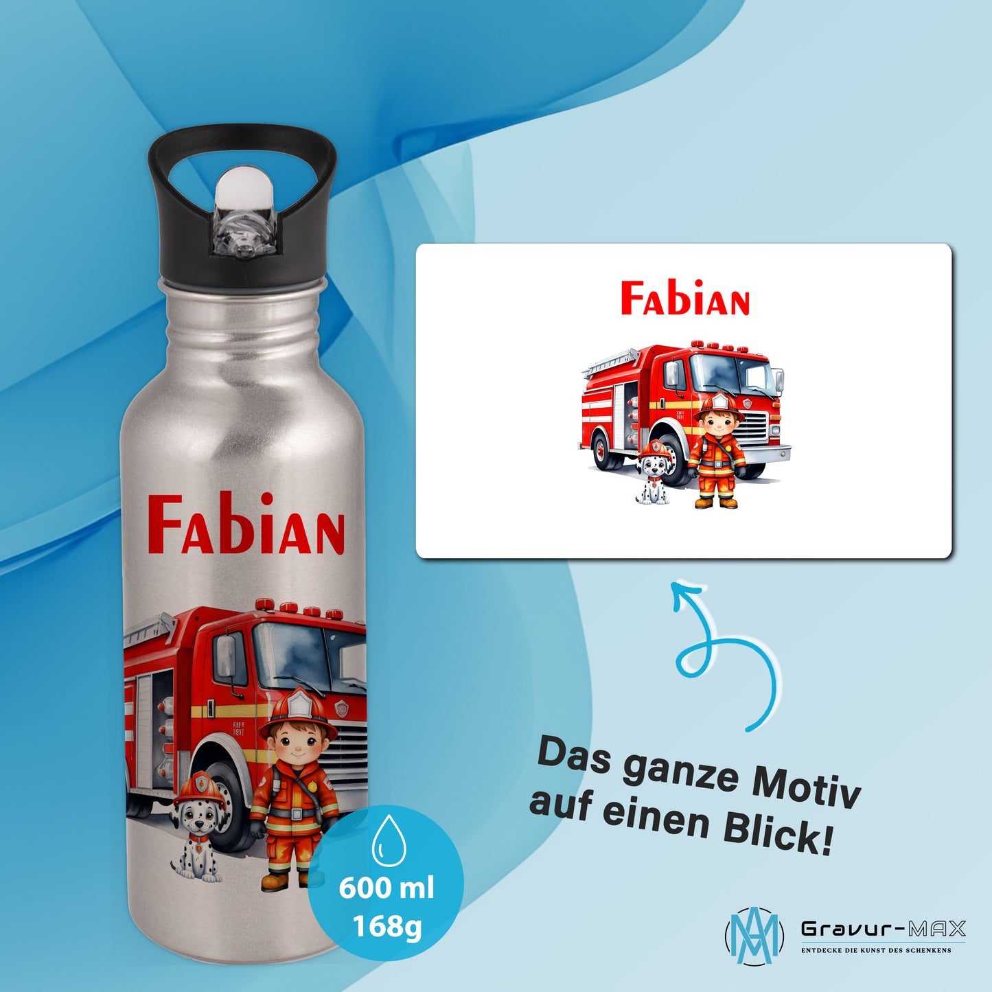Trinkflasche mit Strohhalm in Silber 600ml bedruckt mit tollen Motiven für Kinder "Feuerwehr" personalisierbar für Kinder mit Wunschname aus Edelstahl